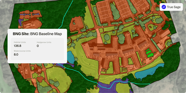 BNG Baseline Map of an urban site, showing land classification including habitats, watercourses, and buildings. A panel indicates 136.8 habitat units, 8.0 watercourse units, and 0 hedgerow units. Label: True Sage.