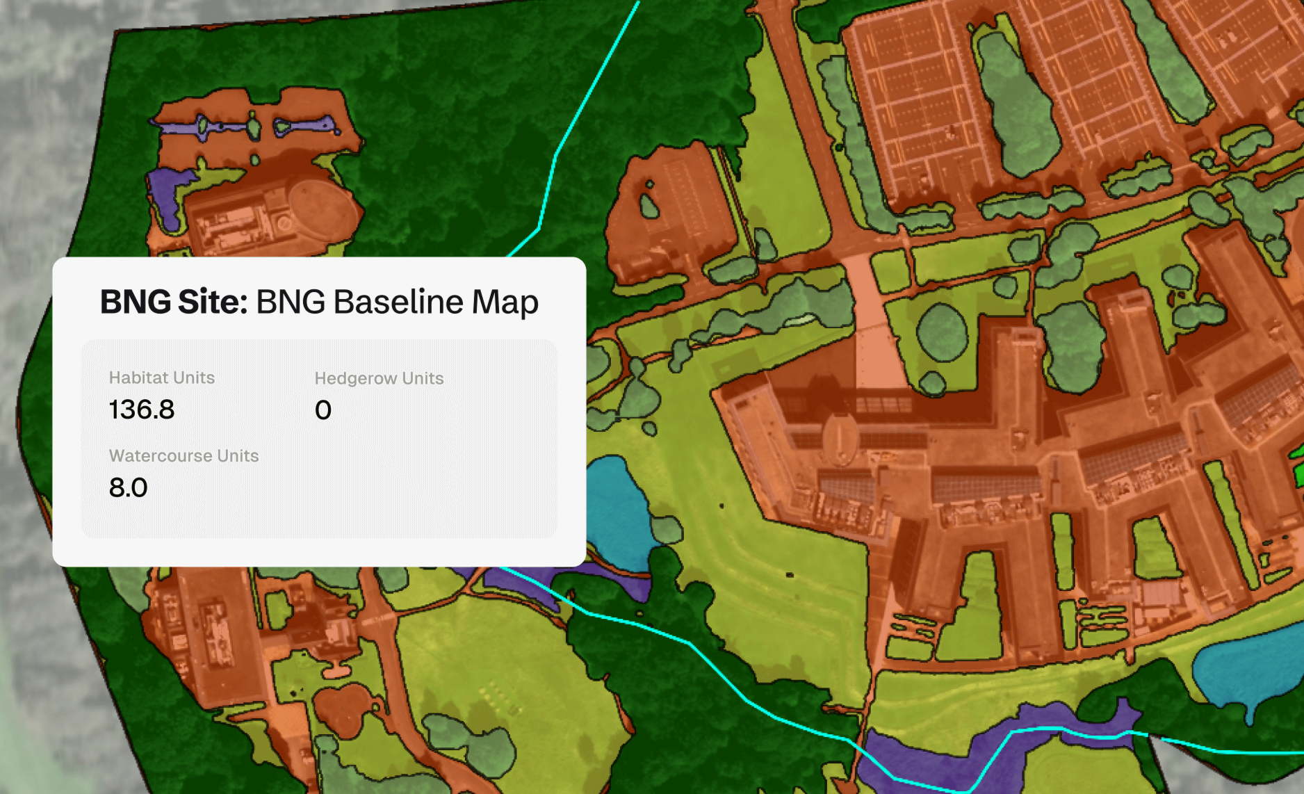 BNG Baseline Map of an urban site, showing land classification including habitats, watercourses, and buildings. A panel indicates 136.8 habitat units, 8.0 watercourse units, and 0 hedgerow units. Label: True Sage.