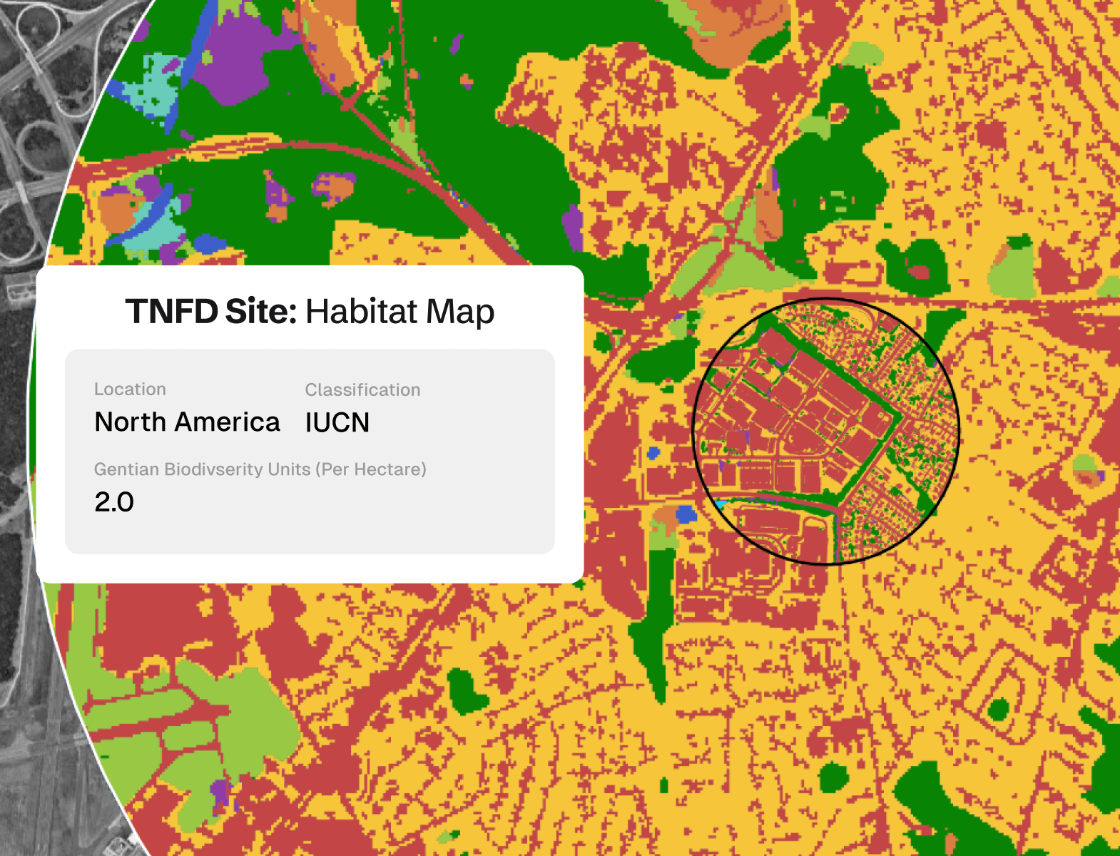 Habitat map of a TNFD site in North America classified using IUCN standards. Map shows land cover in varied colours with a circular highlight zone. Gentian Biodiversity Units marked as 2.0. Label in top-right: True Sage.