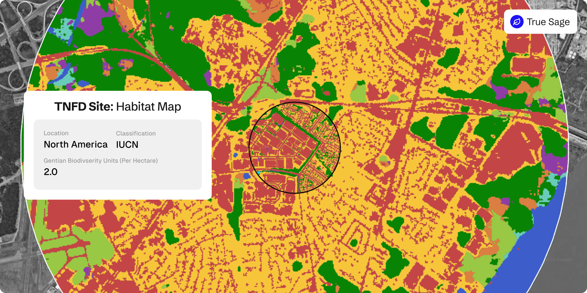 Habitat map of a TNFD site in North America classified using IUCN standards. Map shows land cover in varied colours with a circular highlight zone. Gentian Biodiversity Units marked as 2.0. Label in top-right: True Sage.