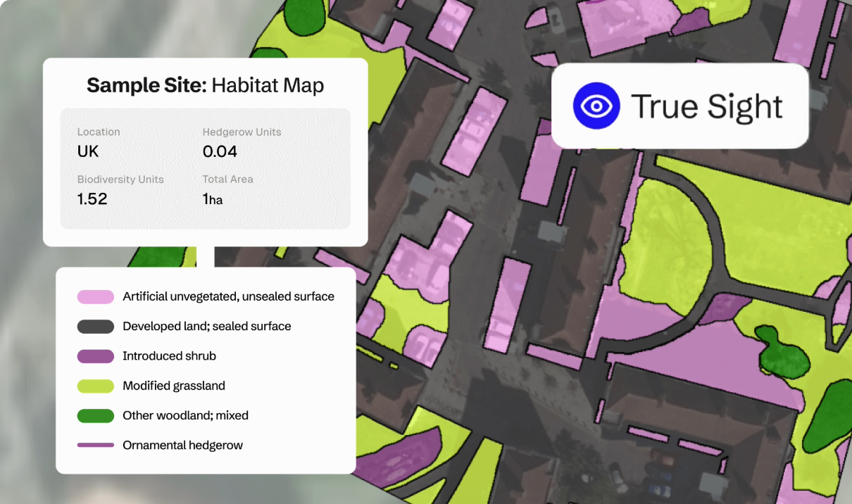 A digital habitat map titled "Sample Site" shows land cover classifications in a UK urban area. Color-coded areas represent vegetation and surfaces such as artificial unvegetated (pink), sealed surfaces (grey), grassland, shrubs, woodland, and ornamental hedgerows.