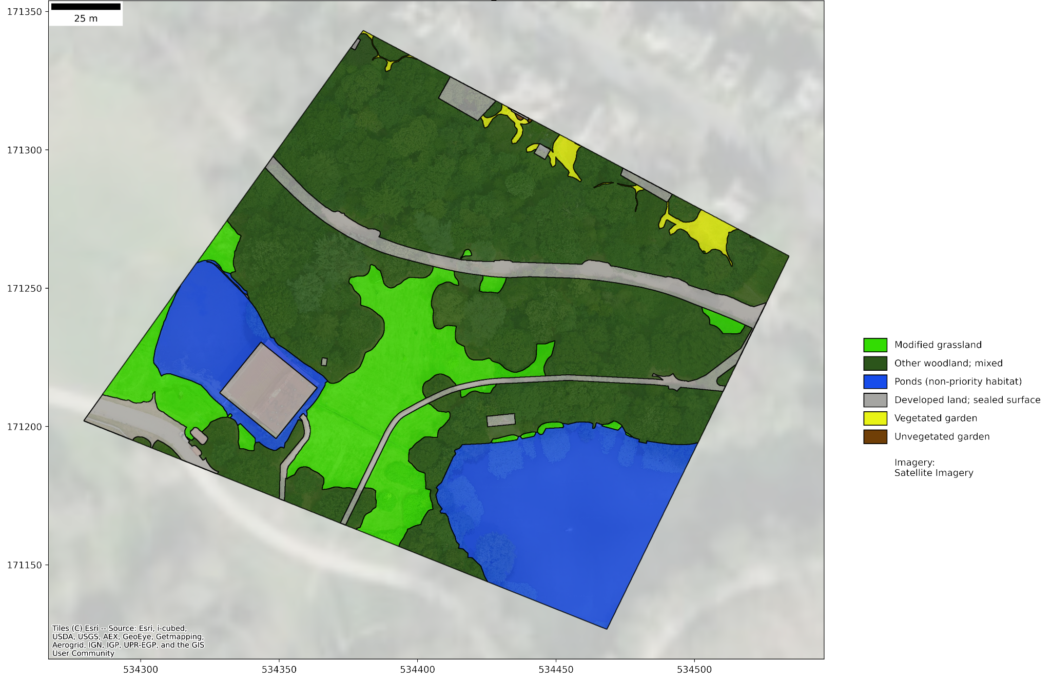A habitat classification map over satellite imagery, highlighting various land cover types: broadleaved woodland in dark green, modified grassland in light green, water bodies in blue, introduced shrubs in yellow, and sealed surfaces in brown. Roads and structures are visible.