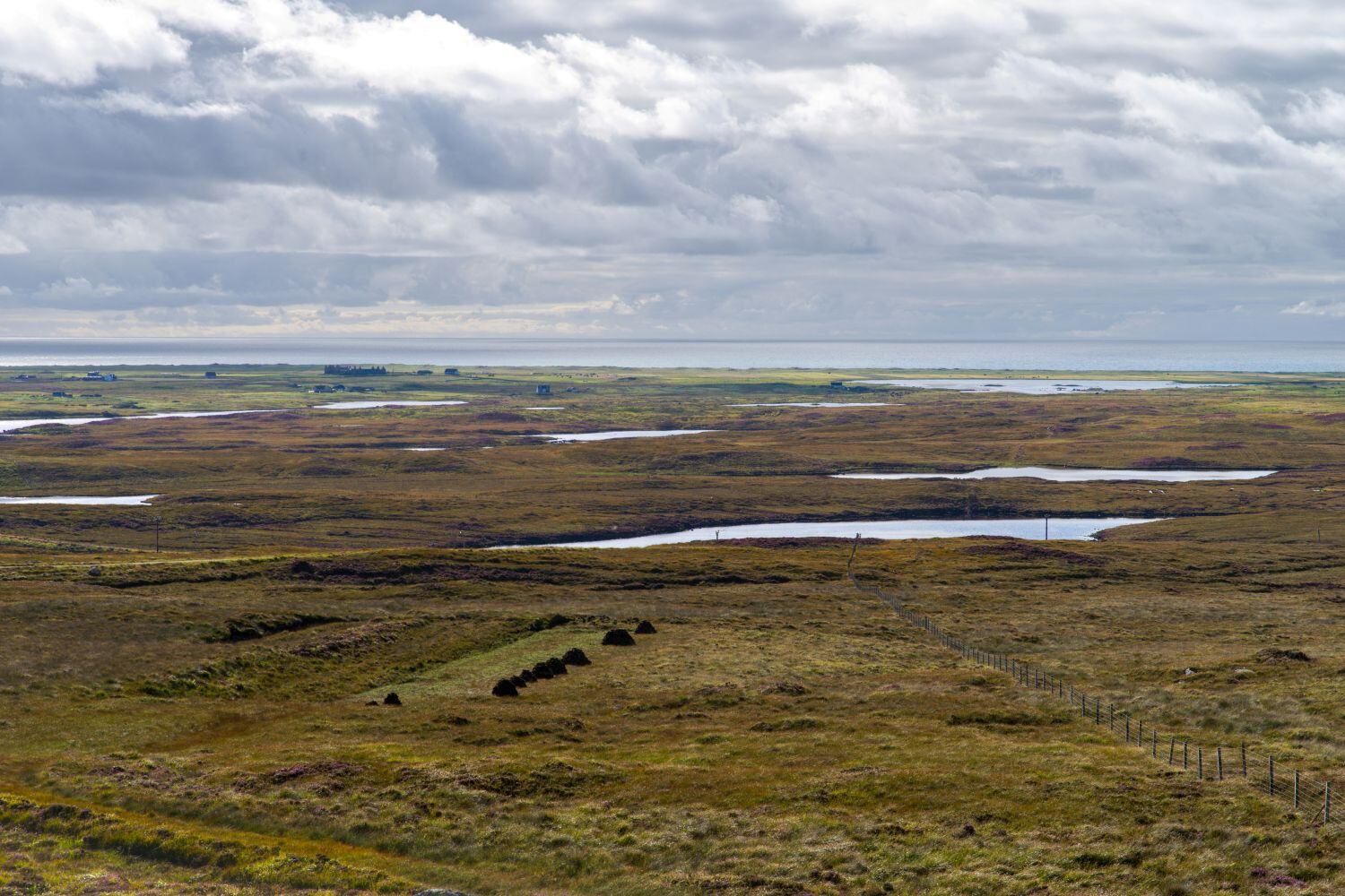 Expansive peatland wetland with scattered pools of water, vegetation, and a cloudy sky overhead; a fence line runs diagonally through the open natural landscape.