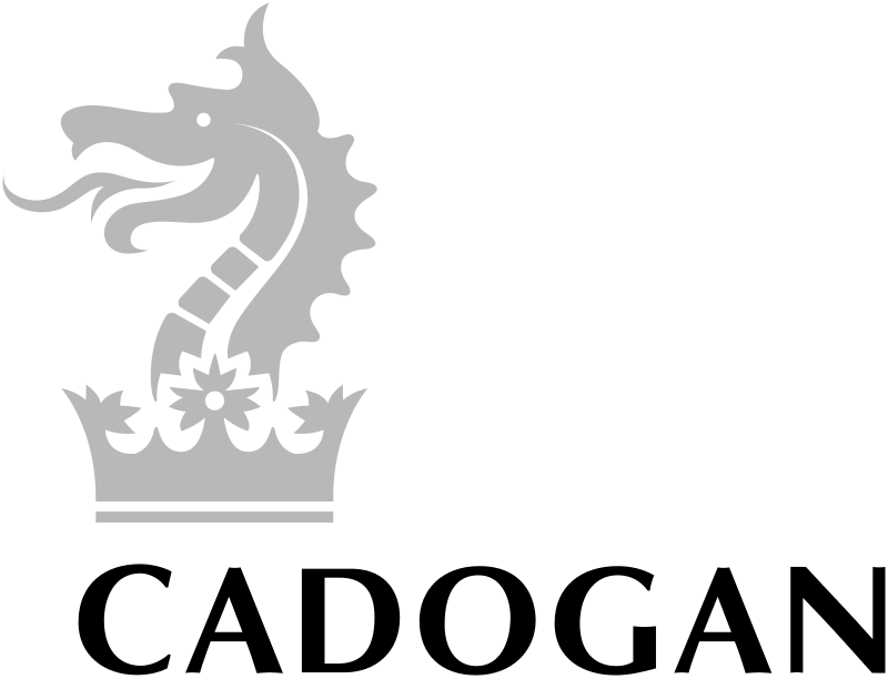 Cadogan Estates logo depicting a stylized silver dragon's head and neck with spines, rising from a heraldic crown adorned with a central floral motif.
