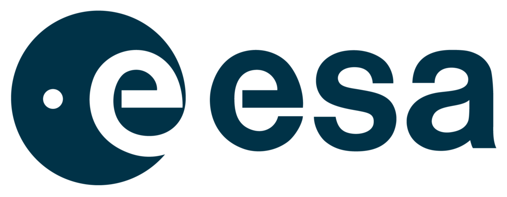 European Space Agency (ESA) logo featuring a stylised dark blue circular emblem with a spiral motif on the left and the lowercase letters 