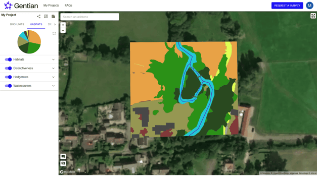Gentian interface showing a satellite map overlaid with a habitat classification layer. Areas are color-coded to represent various habitat types, with a winding watercourse highlighted in bright blue. A pie chart on the left displays habitat proportions, and map tools are visible in the sidebar.