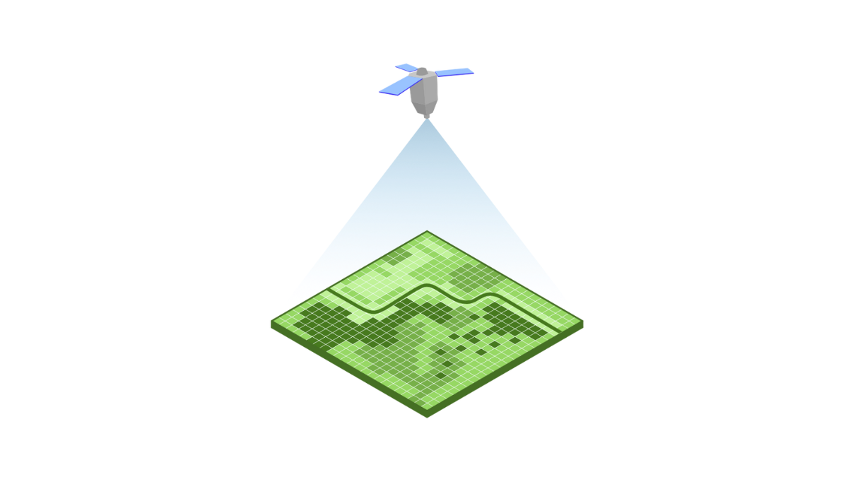 Illustration of a satellite capturing high-resolution imagery of a green landscape grid, representing Gentian’s data collection process for habitat mapping.