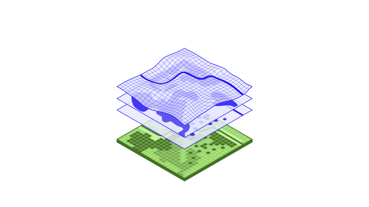 Illustration of layered habitat data maps in green, blue, and purple with analytical charts above, representing Gentian’s delivery of expert-verified biodiversity insights through its online platform.